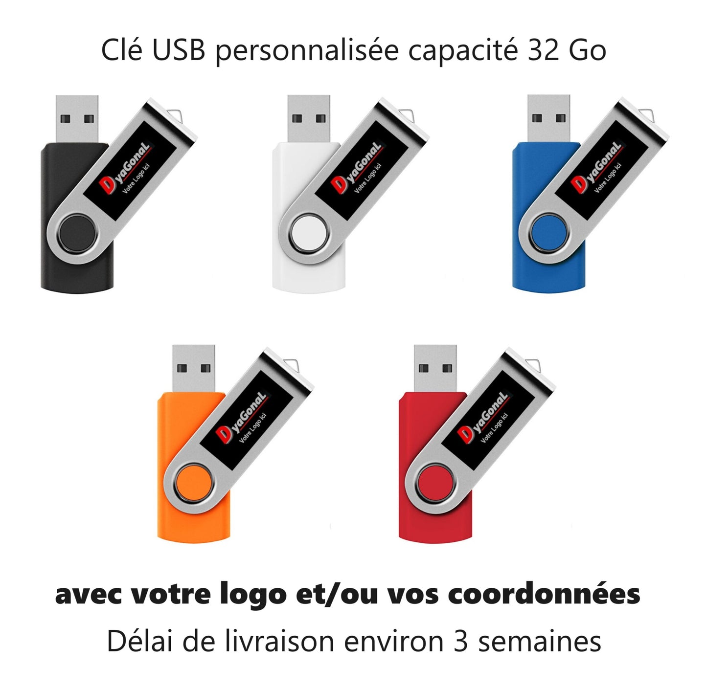 High Tech: Clés USB 32 Go à rotation personnalisées (Logo et/ou texte, tel... 2 lignes) coloris au choix: Lot de 100 pièces , Délai de conception: environ 3 semaines