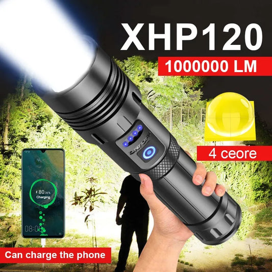 Torche Puissante Super XHP120 Lampe de poche LED puissante XHP90 Lampe torche haute puissance Lampe de poche tactique rechargeable 18650 Lampe de camping USB