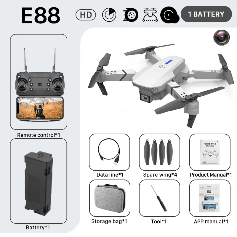 KBDFA E88 PRO Professionnel Drone HD Caméra WiFi FPV Hauteur Tenir Télécommande Pliable Photographie Aérienne Quadricoptère