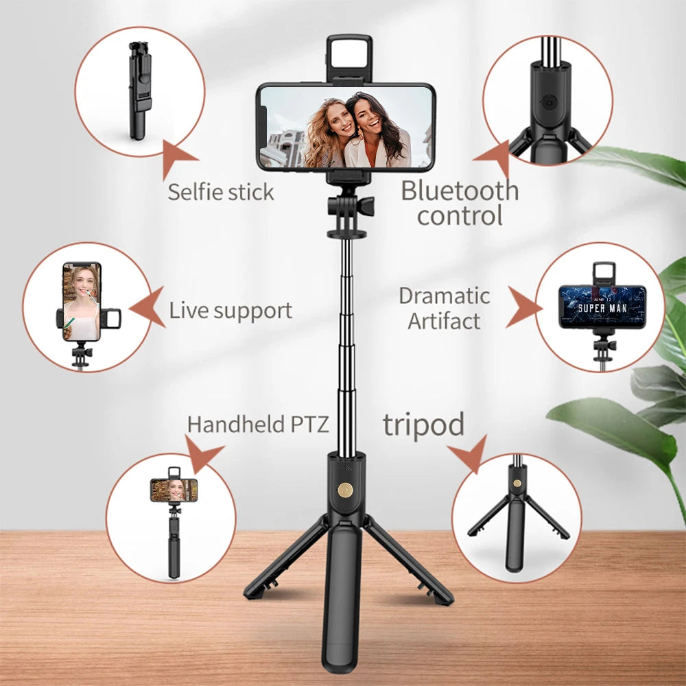 Support de trépied de perche à selfie sans fil avec trépied extensible à distance Bluetooth léger pour iPhone Téléphone portable Tiktok Live Streaming