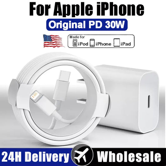 Chargeur 30W d’origine pour Apple iPhone 14 13 12 11 Pro Max X XS XR 8 Plus AirPods Type C Charge rapide 1m/2m Câble Accessoires